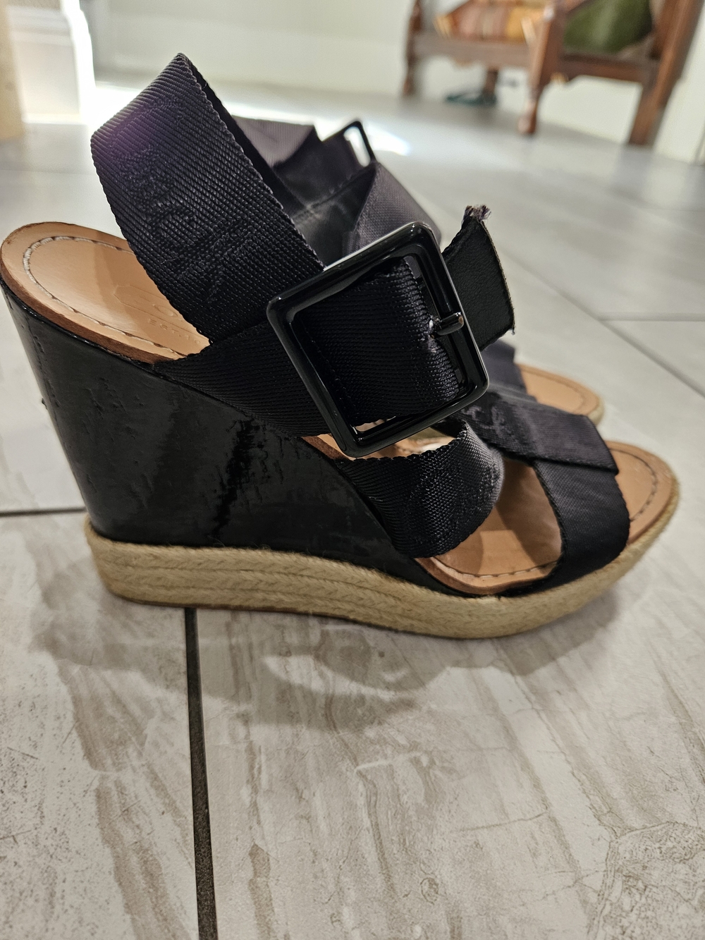 Coach Black Wedge Espadrille Sandals with Buckle
